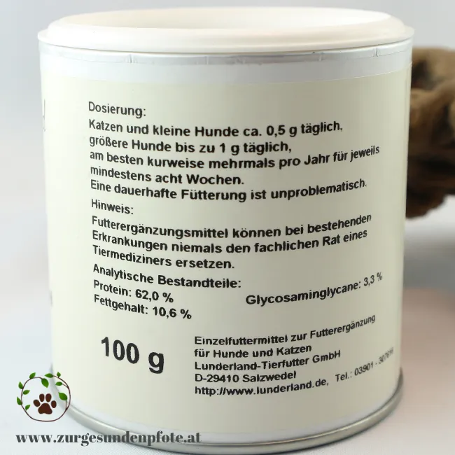 Grünlippmuschelpulver für Katzen Etikett mit Anwendung